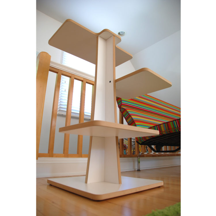 View of white modern cat tree from below
