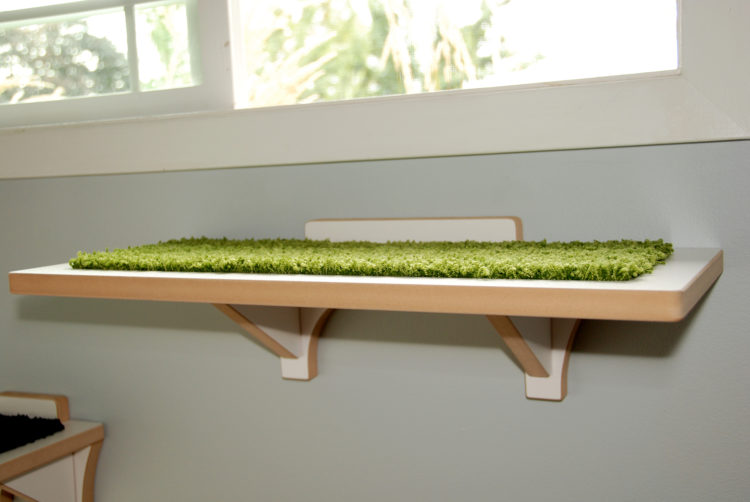 MODERN white WALL MOUNTED CAT PERCH with green mat